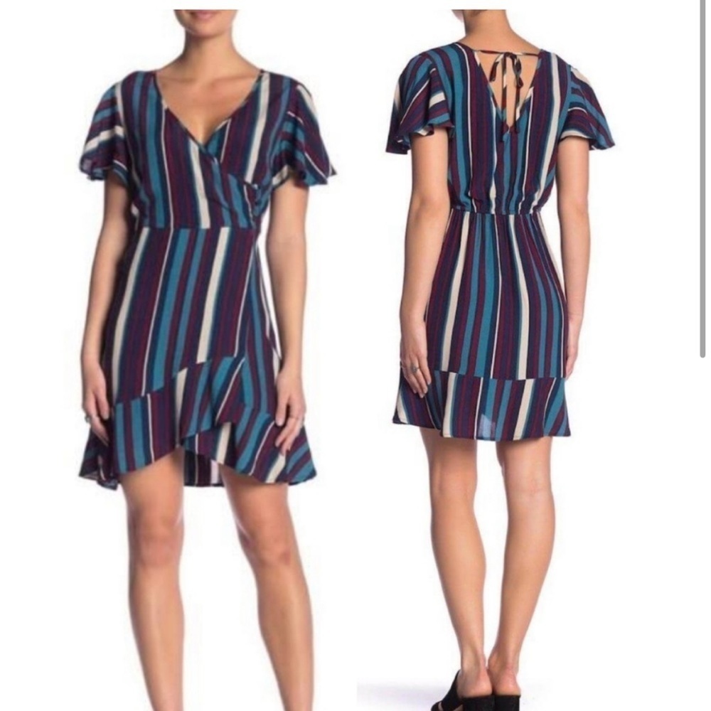 NWT Band Of Gypsies Annie Purple Blue Faux Wrap Striped Ruffle Dress Size Medium